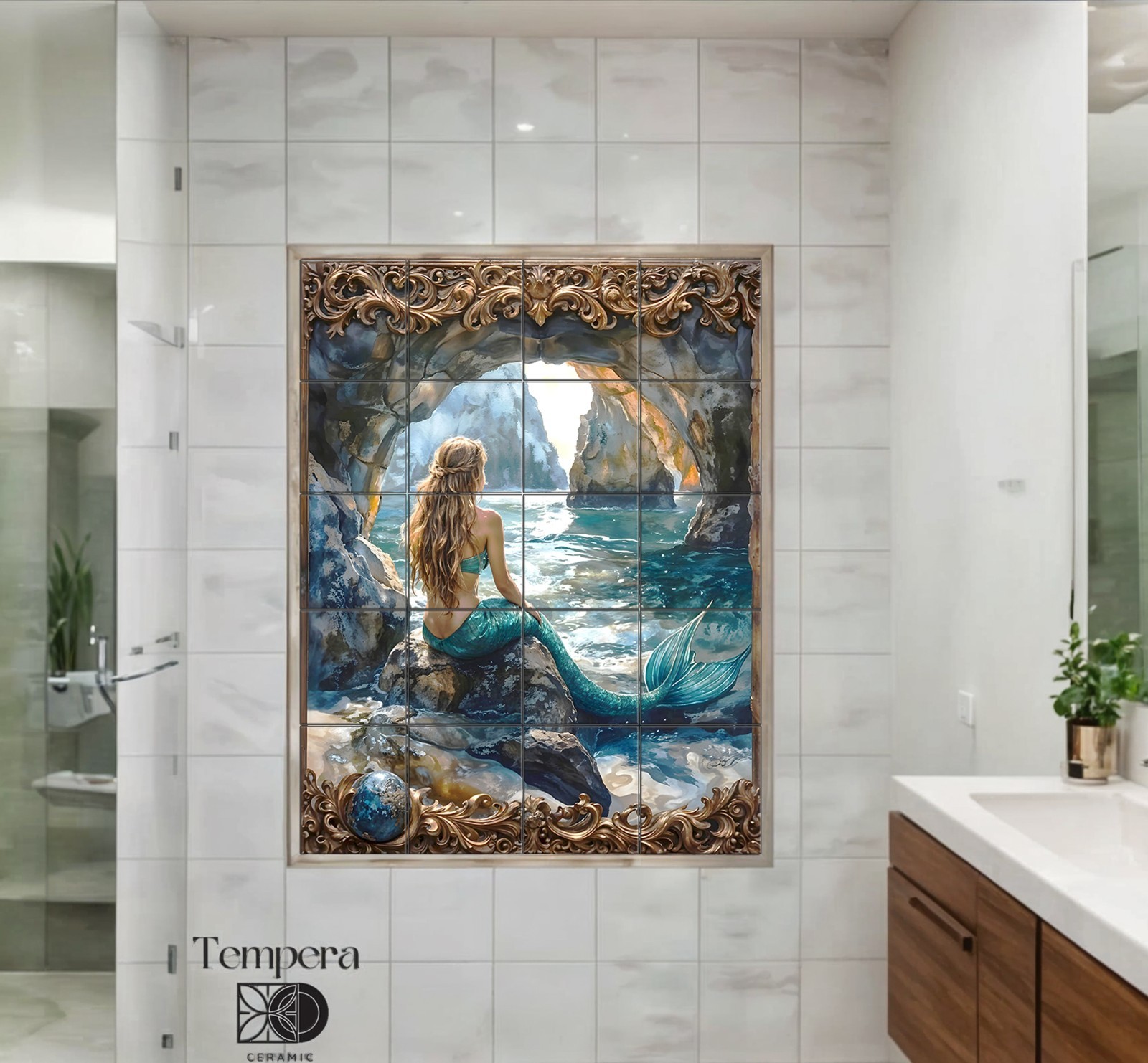 Mermaid Tile Mural for Turquoise Bathroom, Sea Siren Shower Niche Accent tiles