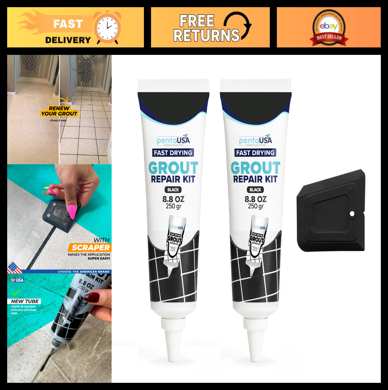 Tile Grout Repair 2-Pack – Black Acrylic Sanded Formula, Water-Resistant, 24-Hou