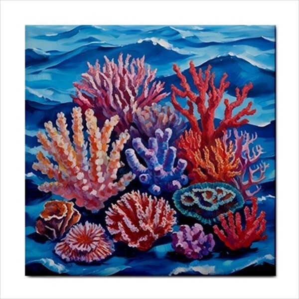 Coral Reef Ceramic Tile Set of 6 Ocean Sea Art Backsplash Tiles 4.25 Inches