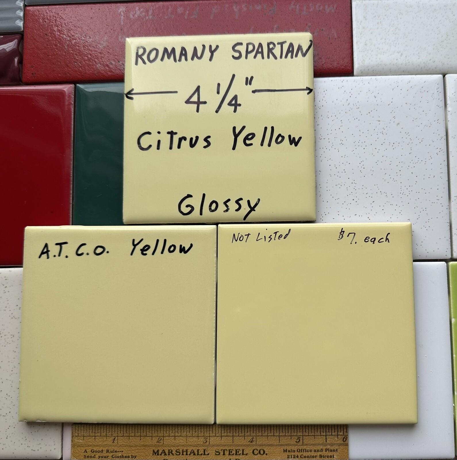 1pc. *Citrus Yellow * 4-1/4″ Glossy Ceramic Tile by Romany Co. Made 1940’s -50’s