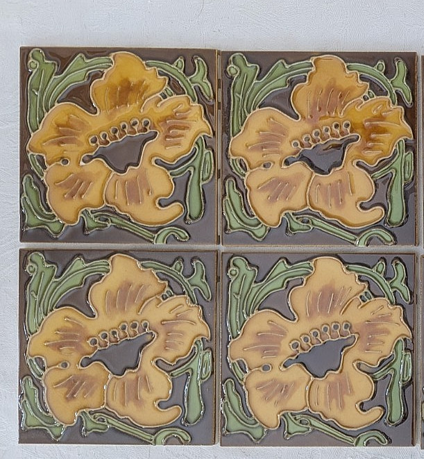 Set of 4 Glazed Ceramic 6″ Square Flower Tiles Art Nouveau Style