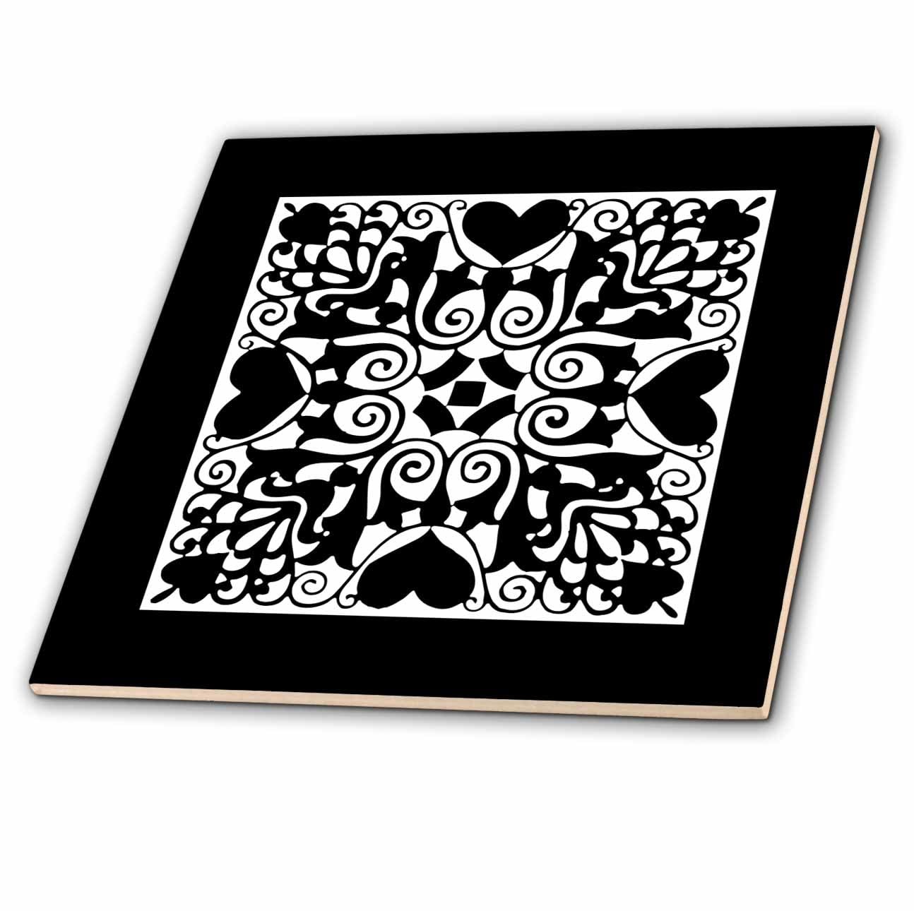 3dRose Hearts and Flowers Design in Black and White Tile, 4 x 4