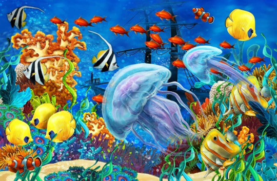 jellyfish tropical fish in undersea coral reef ceramic tile mural backsplash