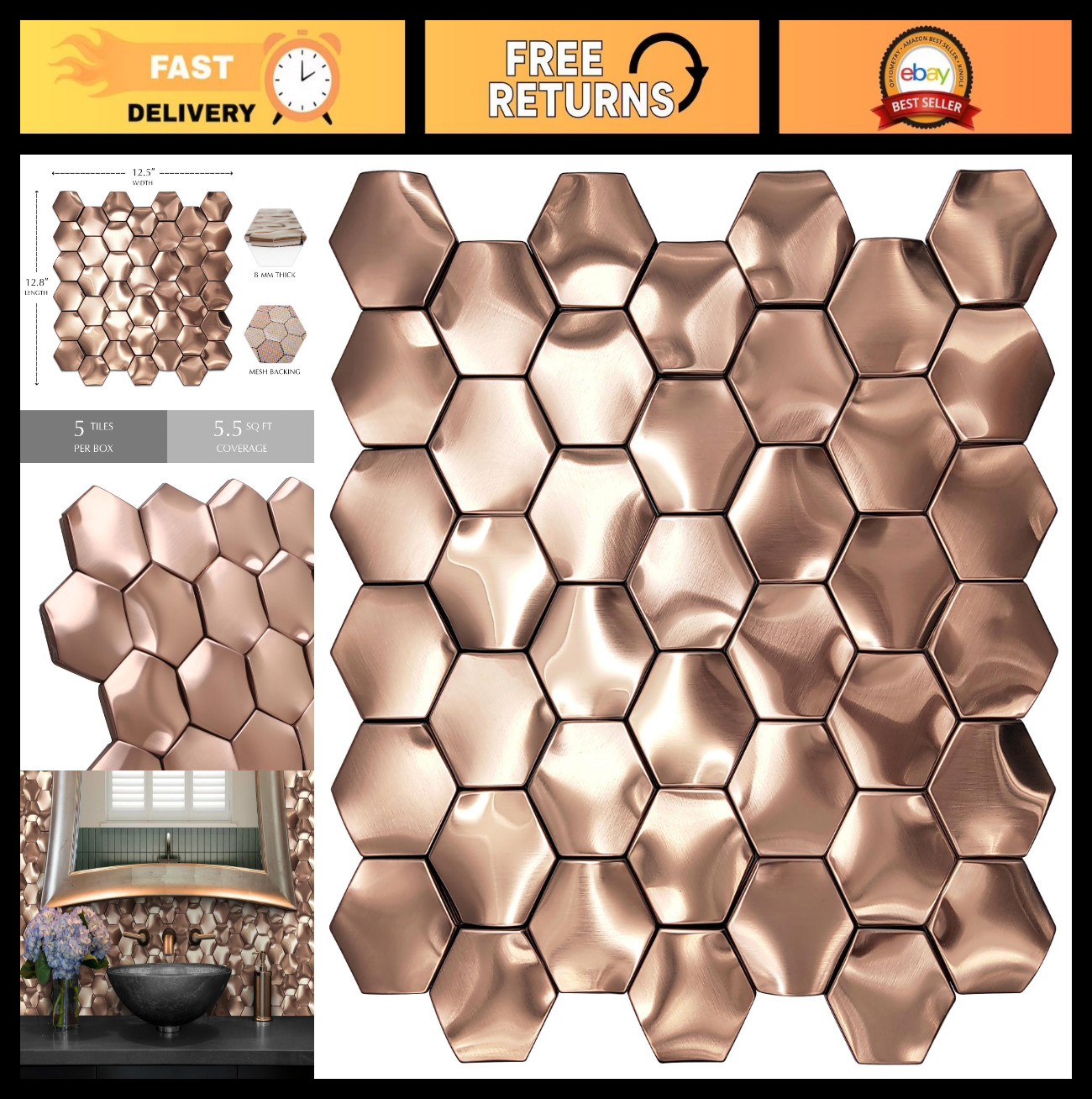 3D Hexagon Wall Panels – Copper Metal Mosaic Tiles for Bathroom Backsplash [Set