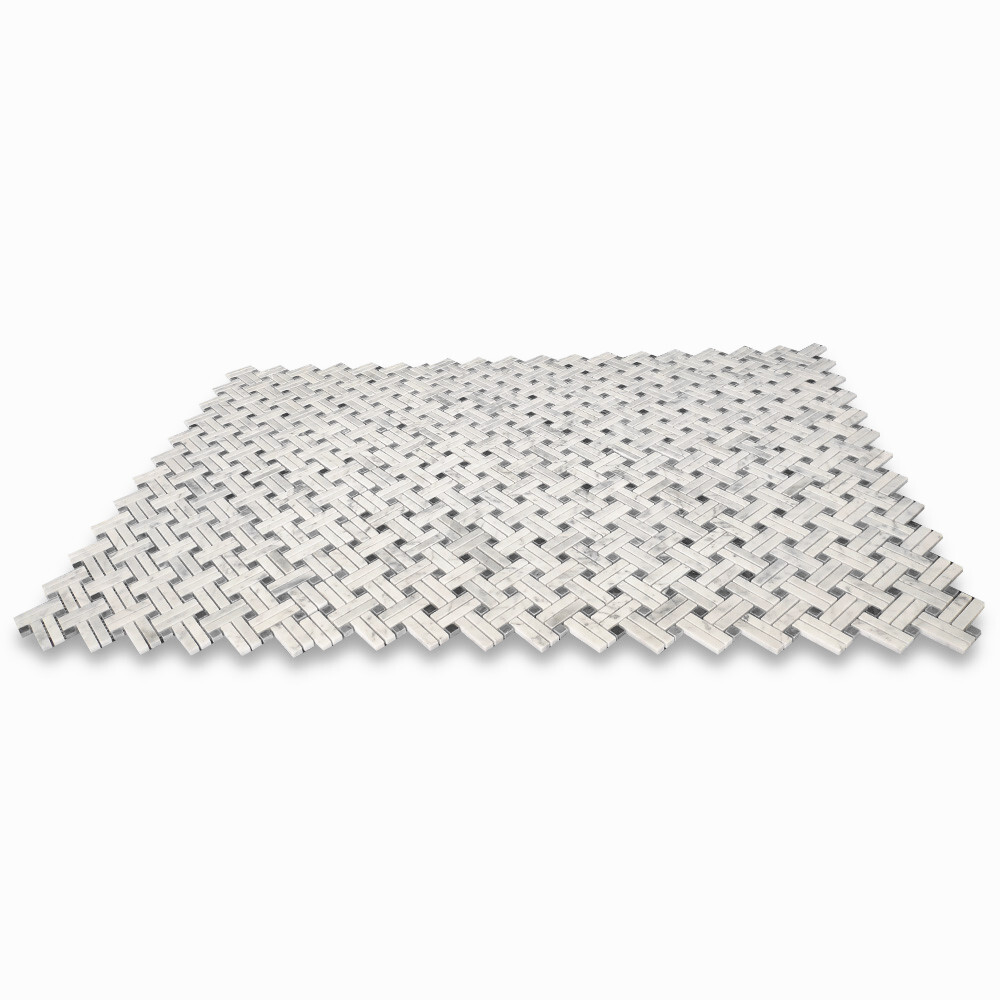 C697XP Carrara White Diagonal Basket Weave Gray dots Marble Mosaic Polished