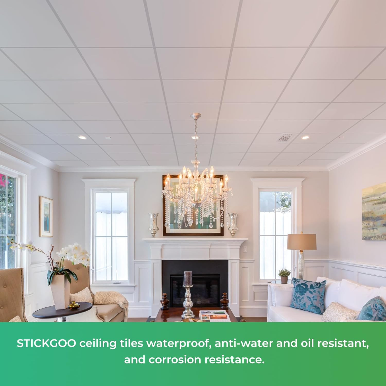 PVC Drop Ceiling Tiles 2×2 Ft, Waterproof & Fire-Rated, Pack of 12, White