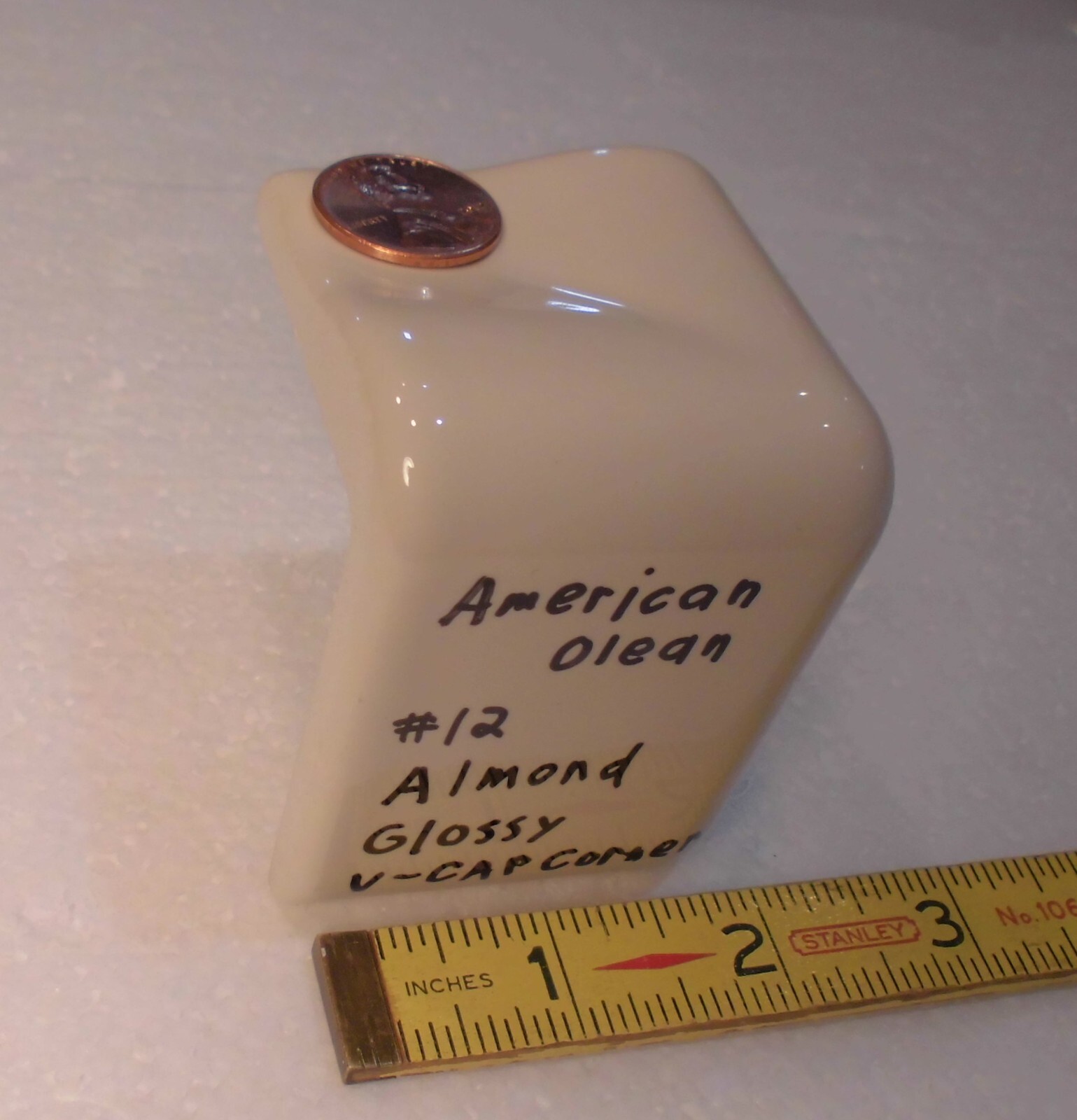 1 pc. Gloss Almond: #12: V Cap Corner Ceramic Trim Tile: Counter Edging, A.O.