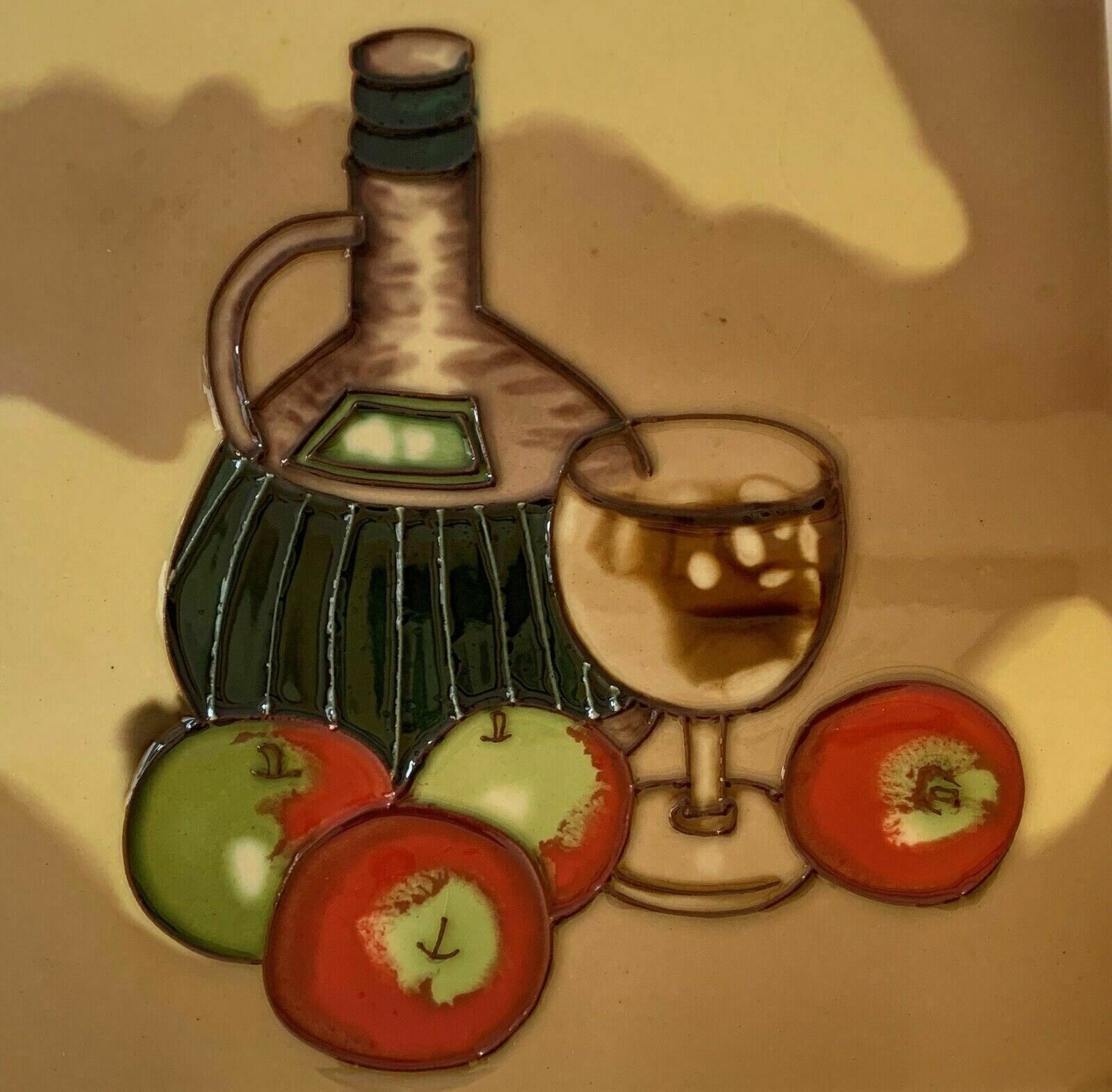 Wine Bottle Fruit Glass Decorative Ceramic Wall Art Tile 8×8 New Raised Relief