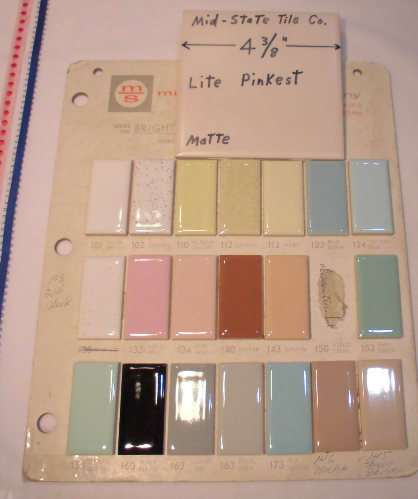 1 pc. Matte *Pinkest-Off white* Ceramic Tile 4-3/8″ by Mid-State; light textured