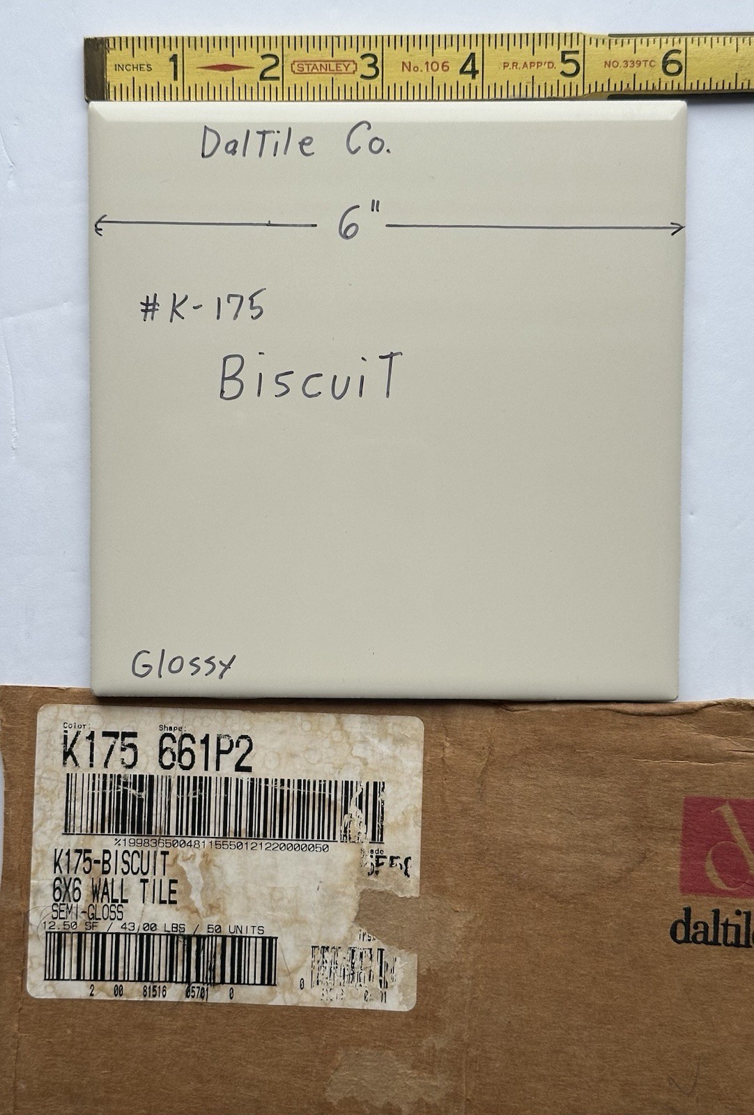 1 pc. Kohler Biscuit # K-175: 6″ X 6″ Gloss Ceramic Tile by Daltile Co. Mint