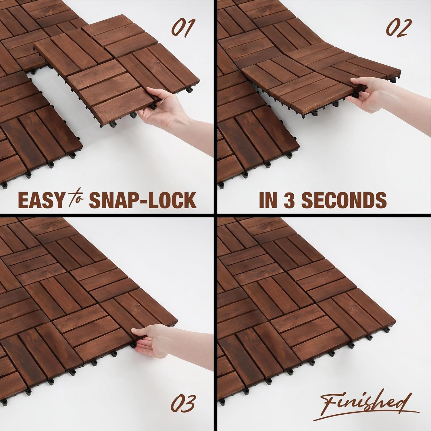 Acacia Wood Interlocking Deck Tiles, 9 Pc, 12″ x 12″ x 0.9″, Dark Brown