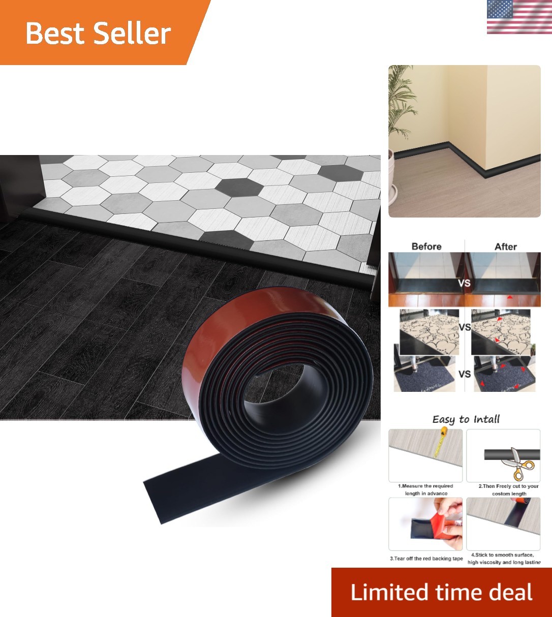 Elegant Floor Transition Strip in Black – Self-Adhesive for Seamless Interiors
