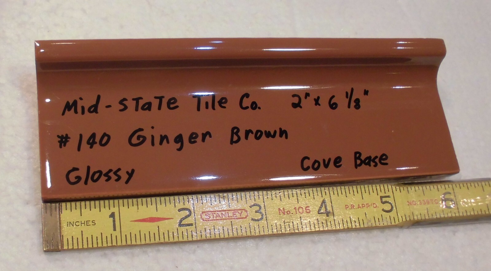1 pc. Medium Brown: 2” X 6-1/8” Glossy Ceramic Cove Base Tile, Flat Top, NOS