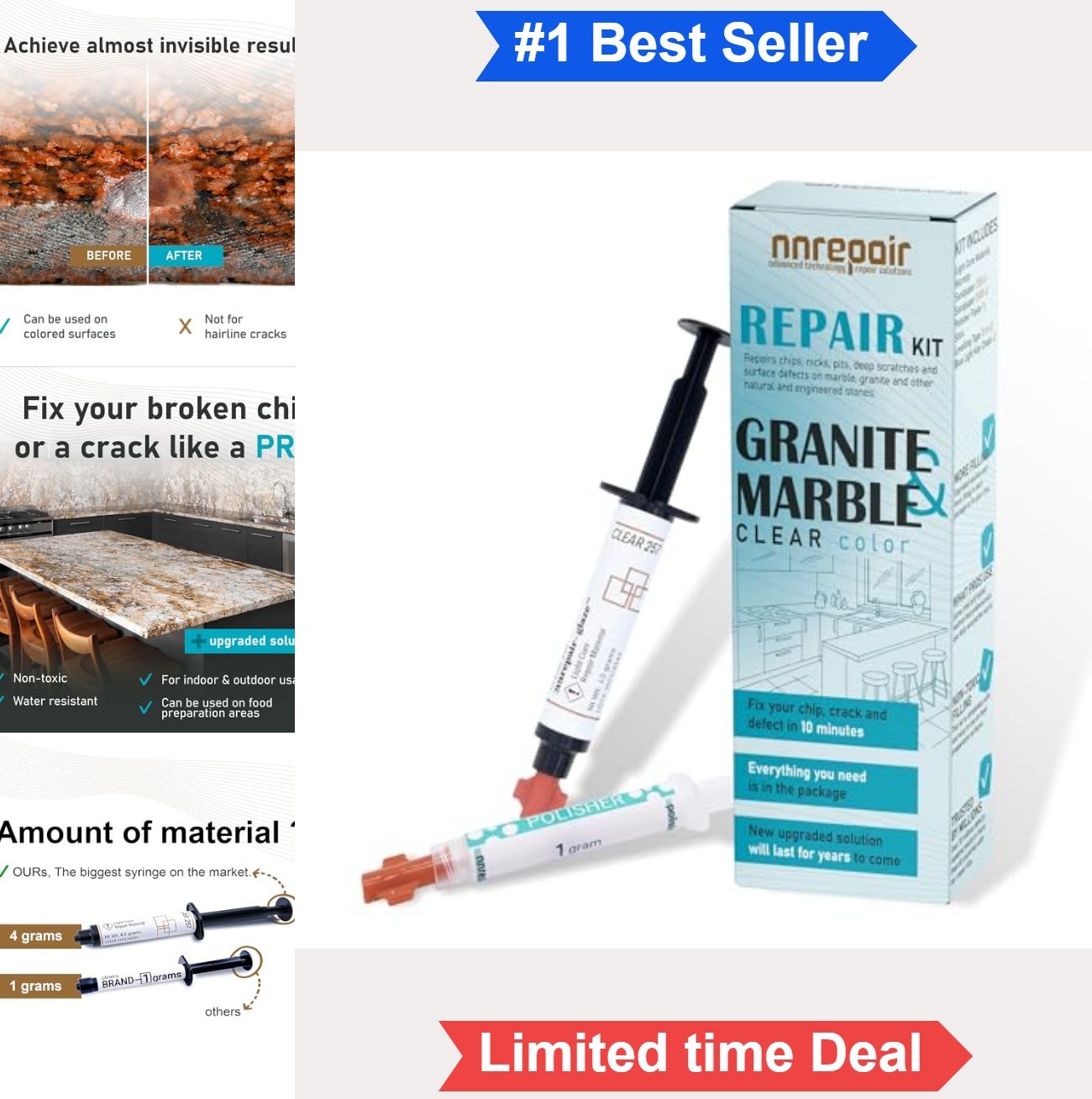 Countertop Repair Kit Clear Chip Fix for Granite Marble Quartz Tile Crack Filler