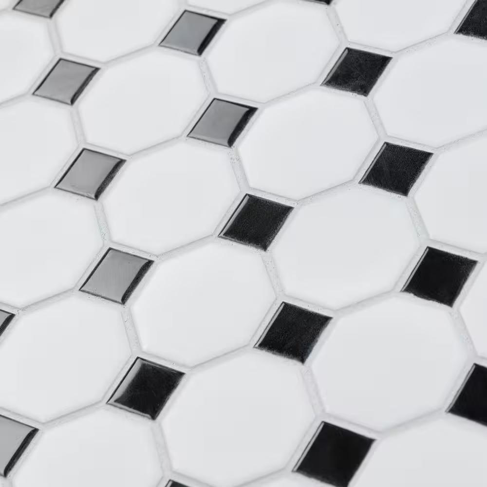 Metro Octagon Matte White with Black Dot 11-1/2 In. X 11-1/2 In. Porcelain Mosai