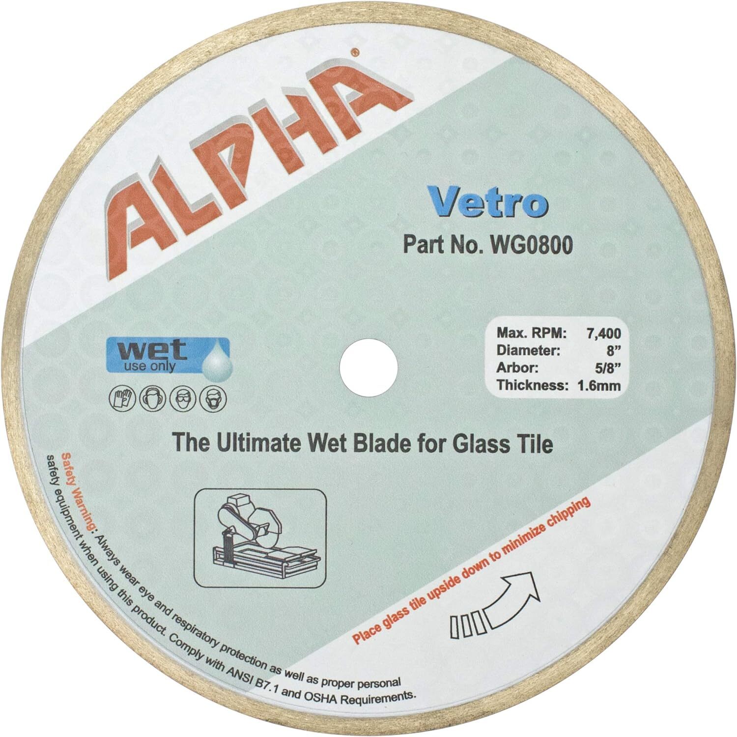 Alpha Vetro Diamond Glass Blade Wet Cutting Glass Porcelain Sizes 4-3/8″ 8″ 10″