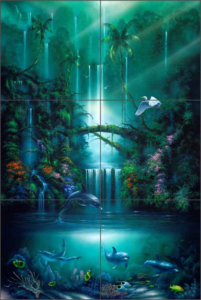 Ceramic Tile Mural Backsplash Miller Tropical Waterfall Dolphin Art DMA2005
