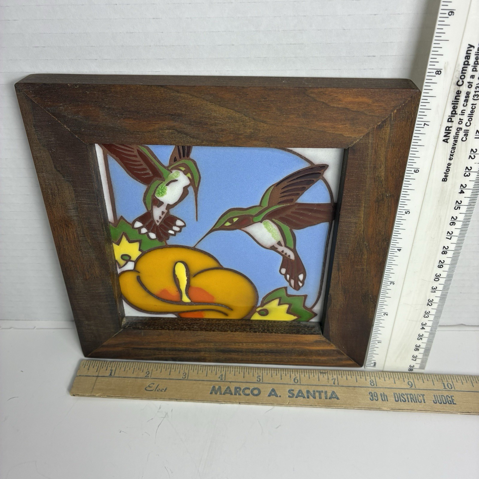 Hummingbirds & Flower Tile Art Framed Made in Italy 7 1/2 X 7 1/2 Wood Framed