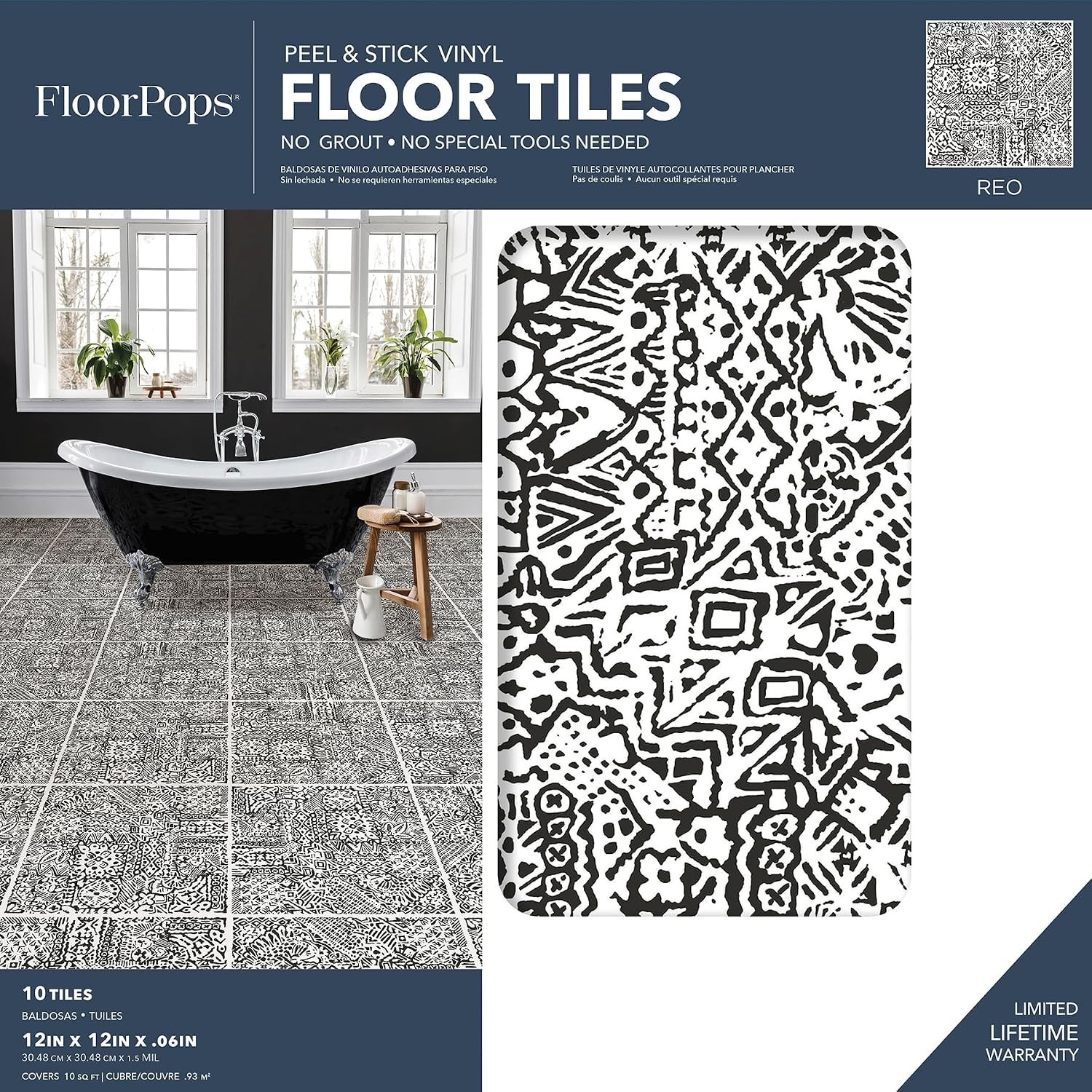 10 Pack Bohemian Floral Peel & Stick Floor Tiles – 12in x 12in Charcoal Design