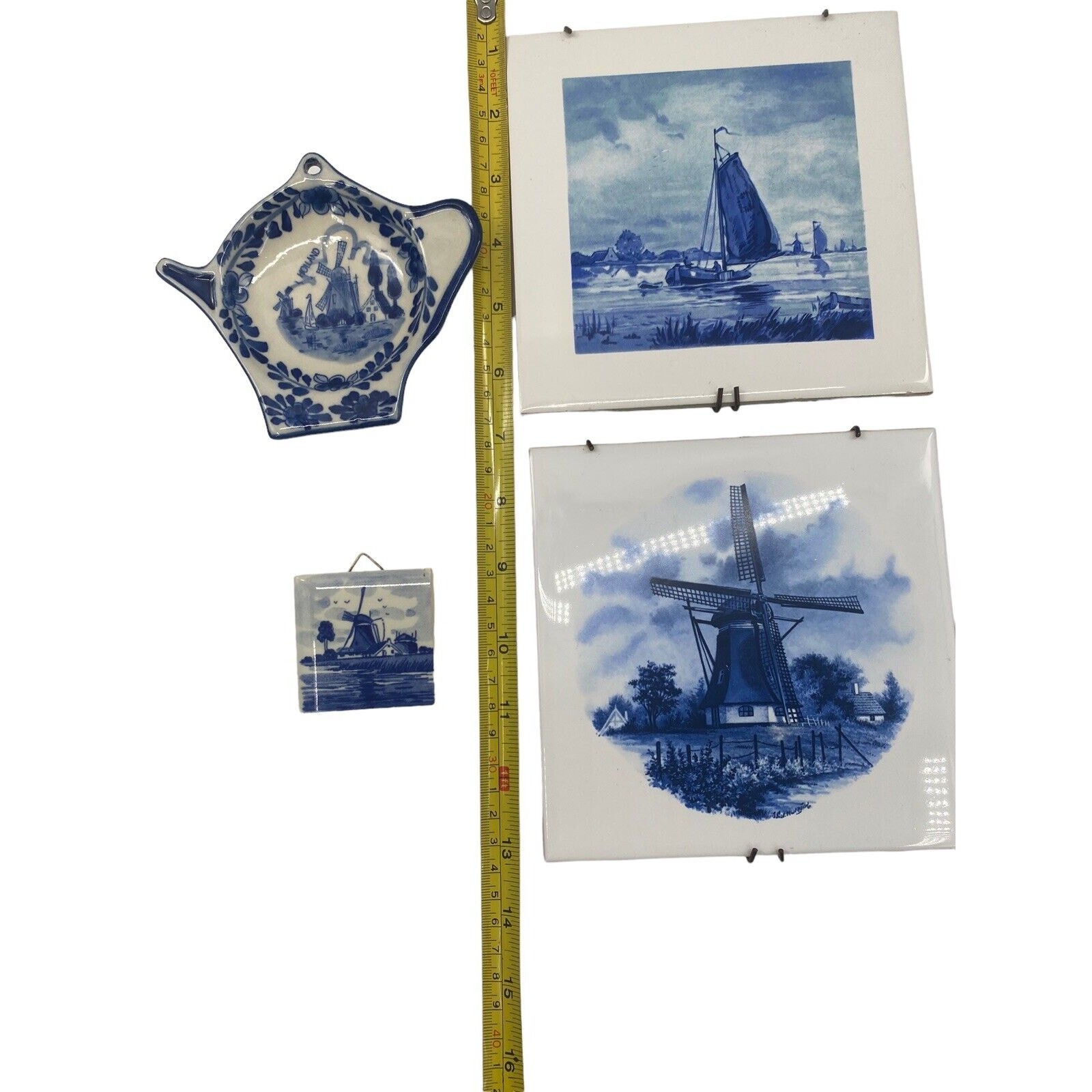 Delft Nautical Sailboat Windmill Holland Germany Set of 4 Ceramic Tiles Dishes
