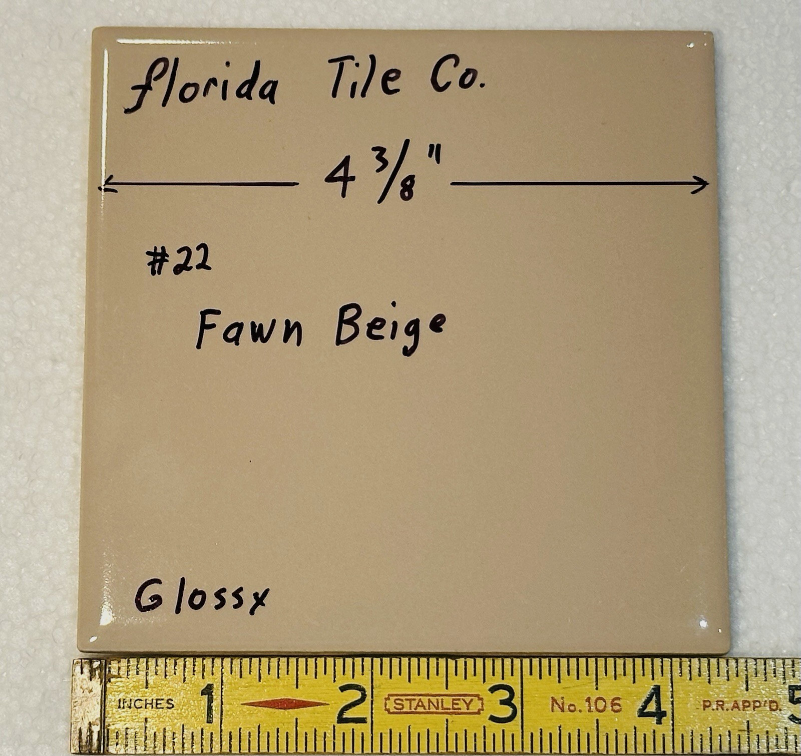 1 pc. Fawn Beige: Glossy Ceramic Tile 4-3/8″ by Florida Co. NOS