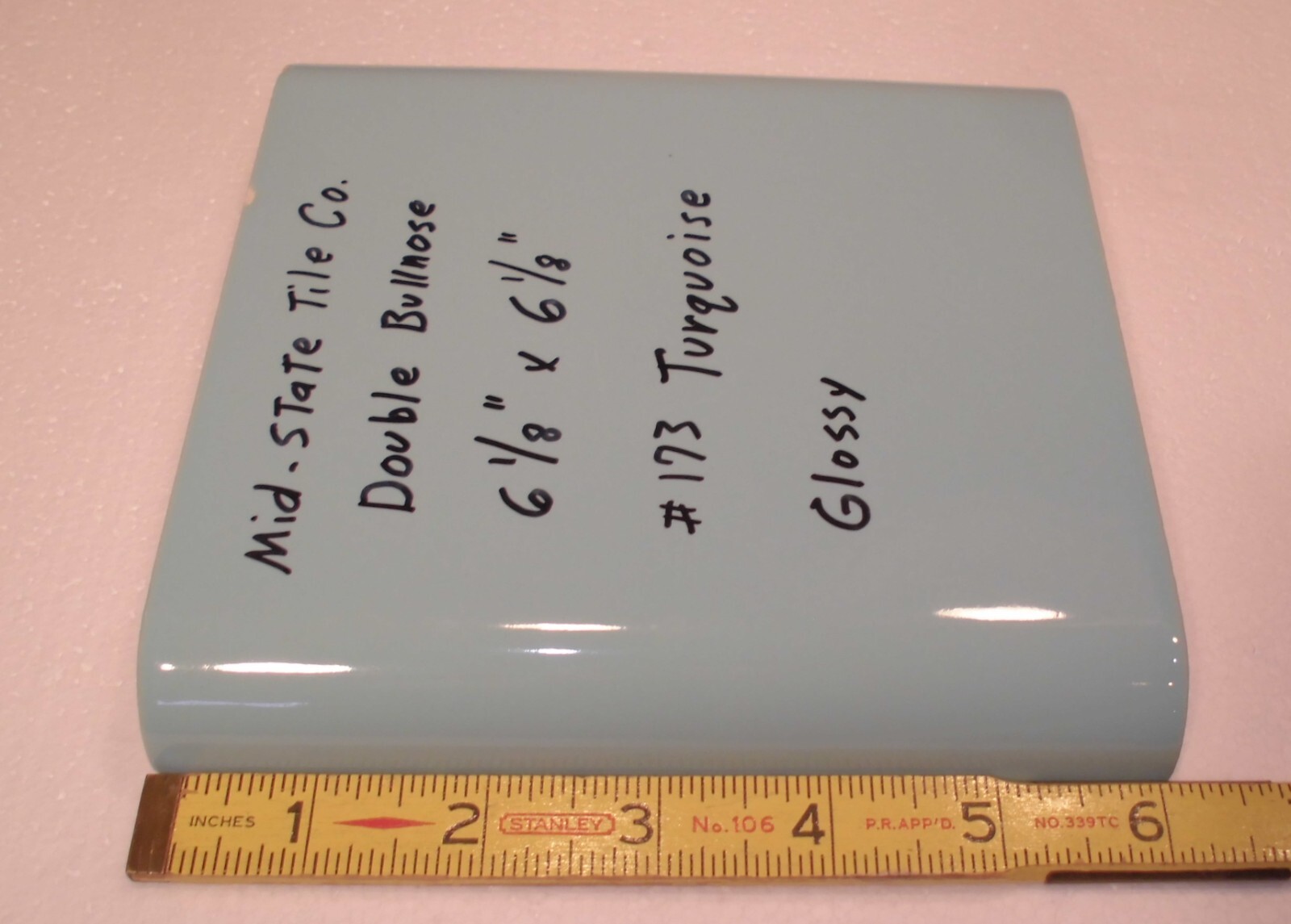 1 pc. Turquoise 6″ x 6″ Double Radius Bullnose Glossy Ceramic Tile: made 1950’s