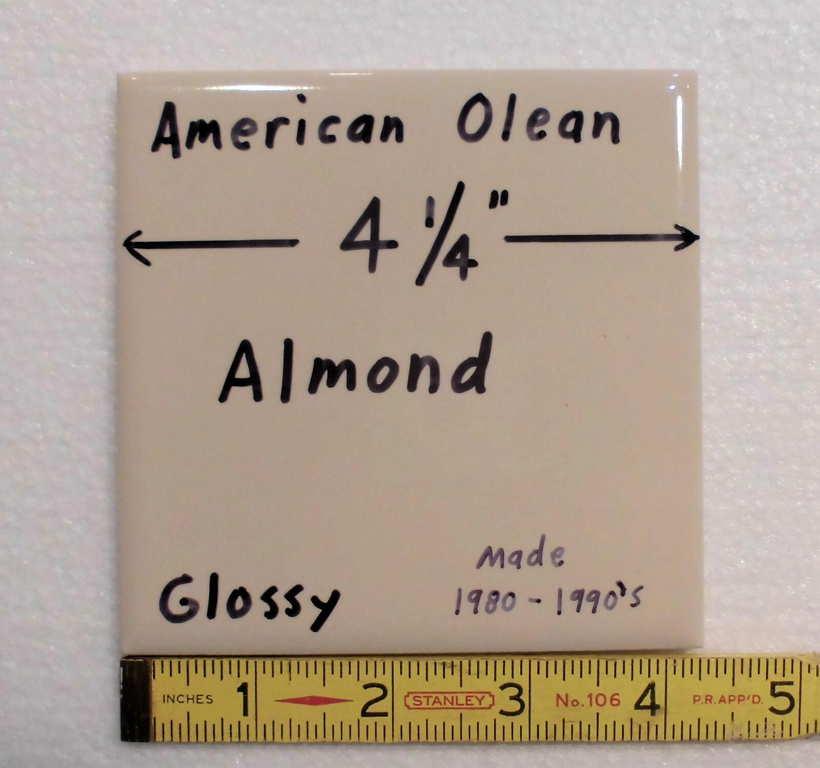 1 pc. Vintage Almond: 4-1/4″ Ceramic Tile by American Olean Co. New Old Stock