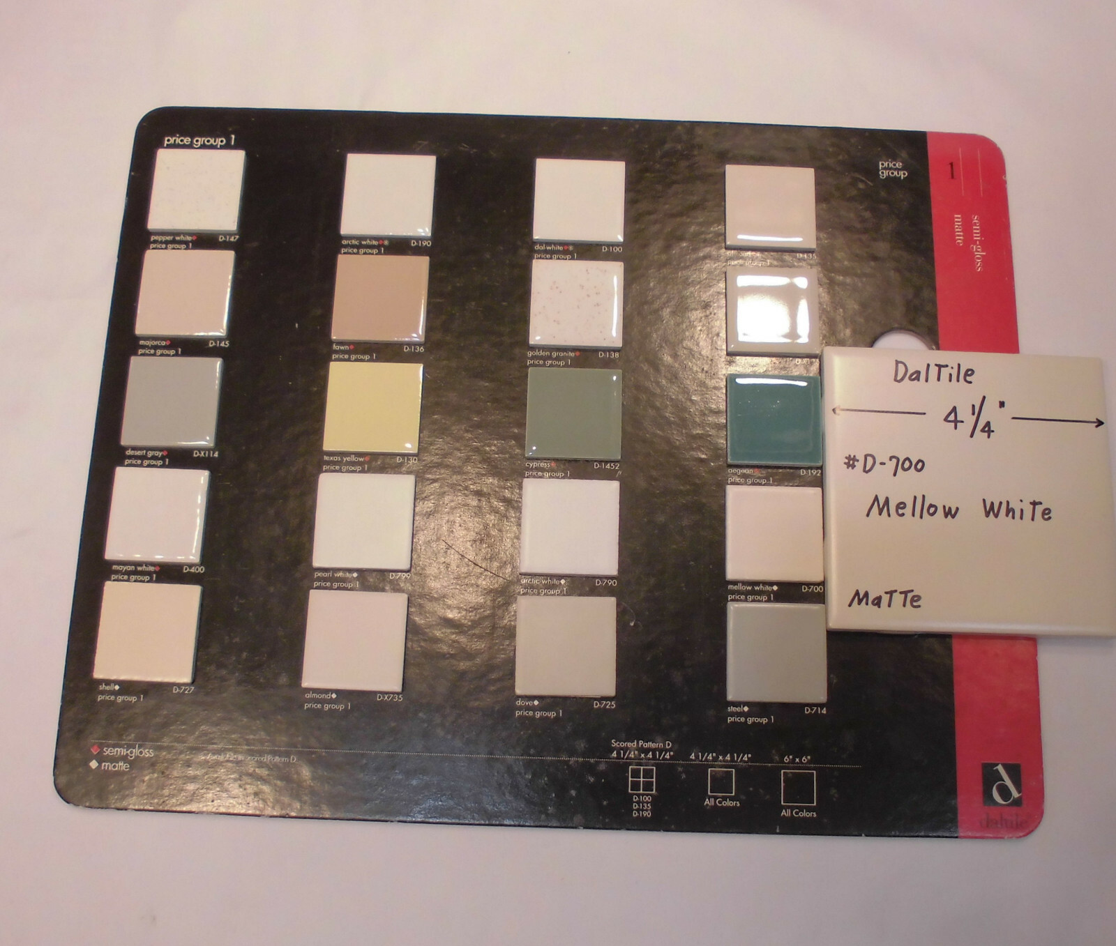 1 pc. Mellow White: Matte Ceramic Tile by Daltile #D-700; 4-1/4″ Discontinued