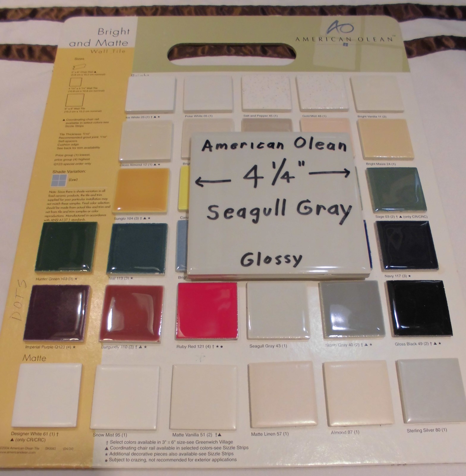 9 pcs. Ceramic Tiles…Glossy *Seagull Gray* #43 by American Olean…4-1/4″ New