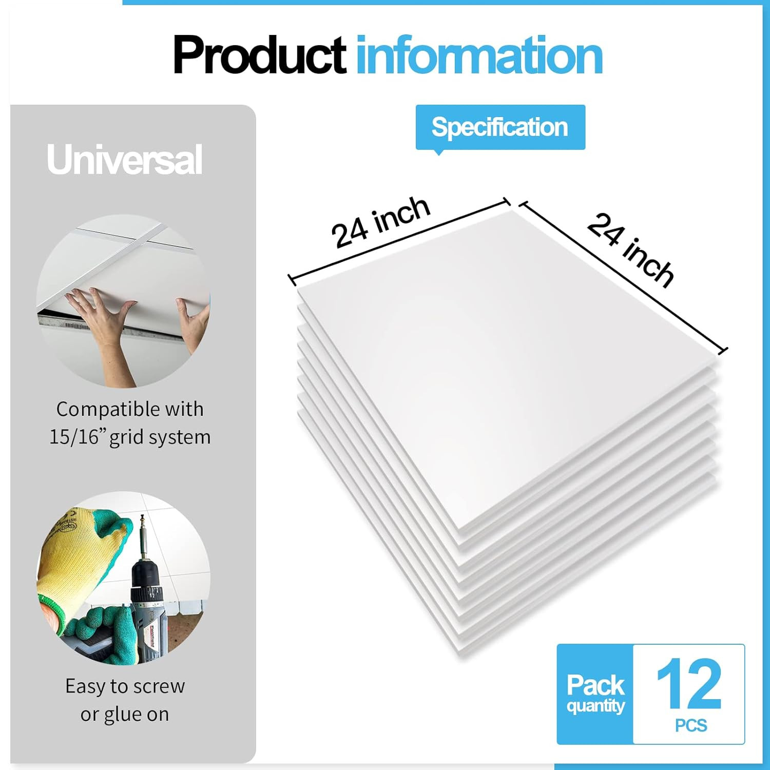 12-Pack Smooth Drop Ceiling Tile 2Ft X 2Ft – Fire-Rated, Waterproof, Reusable –