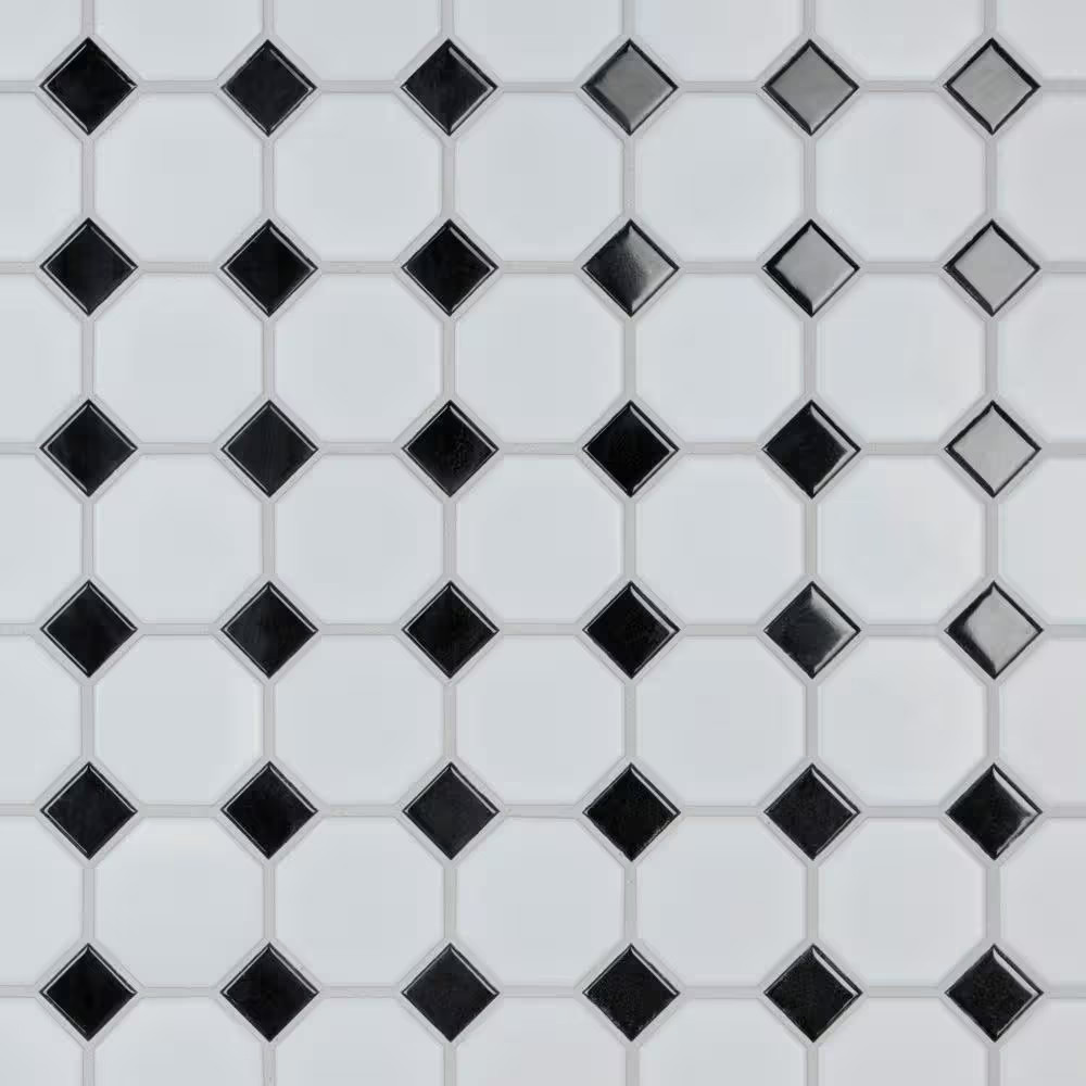Metro Octagon Matte White with Black Dot 11-1/2 In. X 11-1/2 In. Porcelain Mosai
