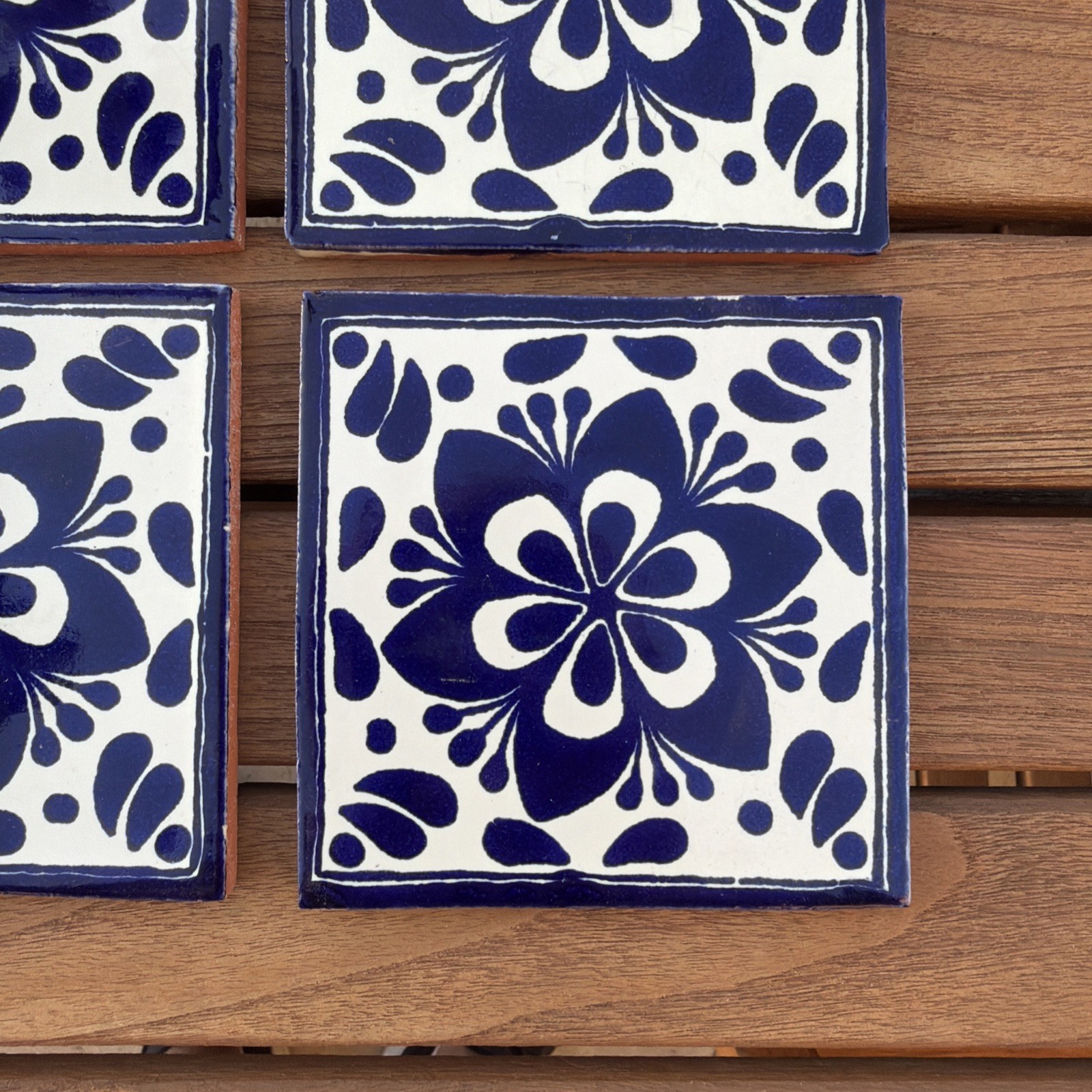 MEXICAN TALAVERA TILES 4×4 TERRACOTTA & BLUE FOLK ART