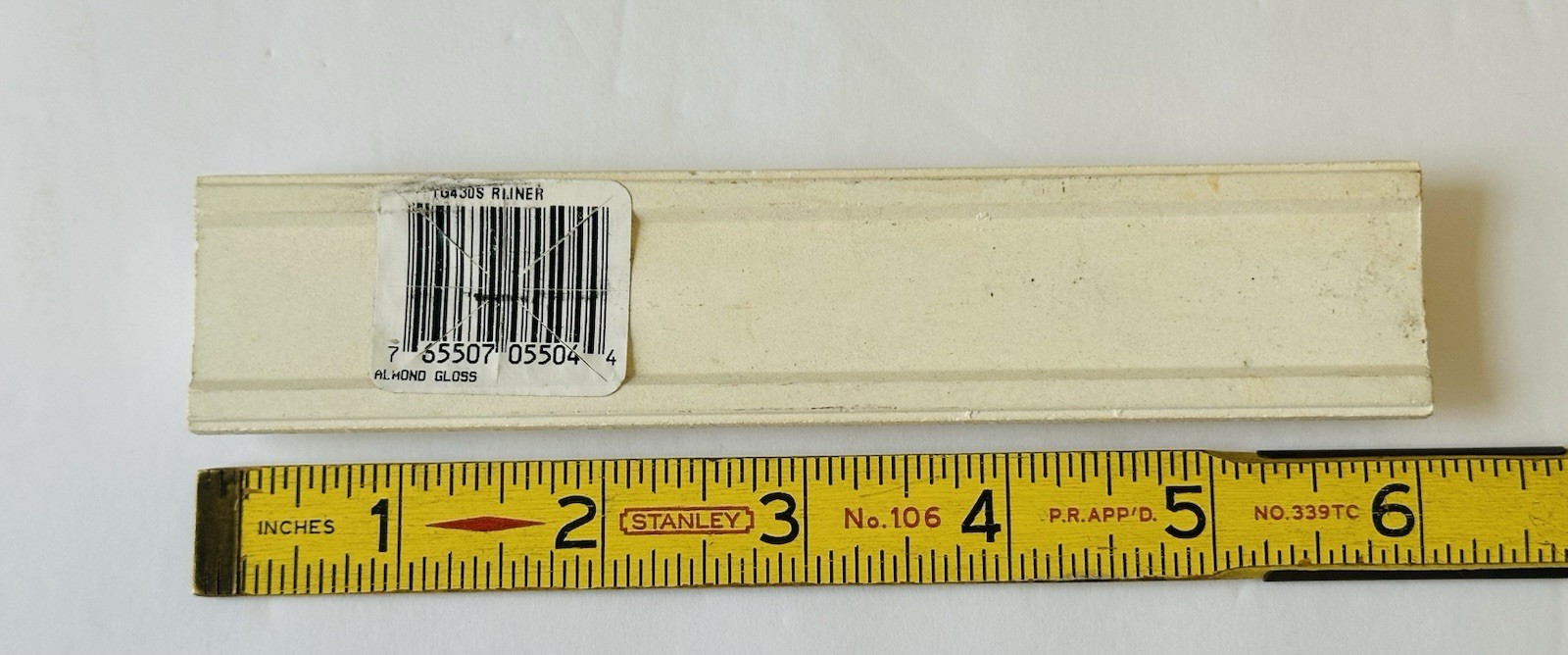 1 pc. Gloss Almond Ceramic Tile: Pencil – Liner – Sizzle: 6″ X 1-1/4″ Rope