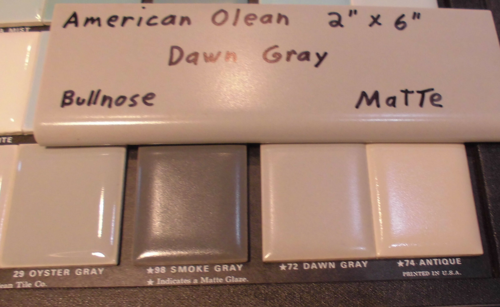 1 pc. Vintage Matt Ceramic Bullnose Tile 2” X 6” Dawn Gray; by American Olean