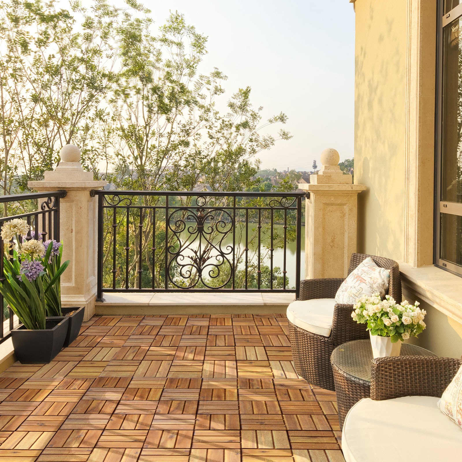 Patiojoy 27PCS Patio Interlocking Tiles Acacia Slat Wood Garden Indoor &Outdoor