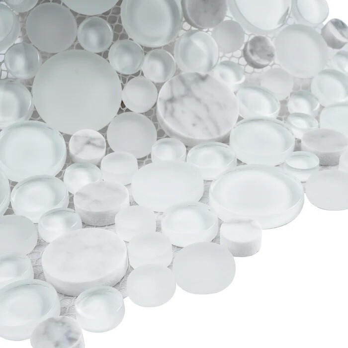BUBW-02 White Glass And Carrara Bubble Mosaic Tile, 10-1/2″ x 10-1/2″ x 8mm, NEW