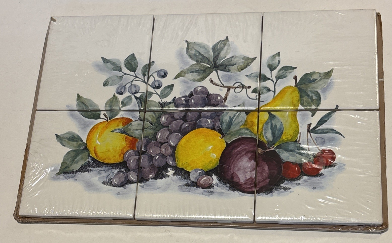 Vintage 4.25” 6-Tile Ceramic Country Fruit Mural, still life new sealed T24004DM
