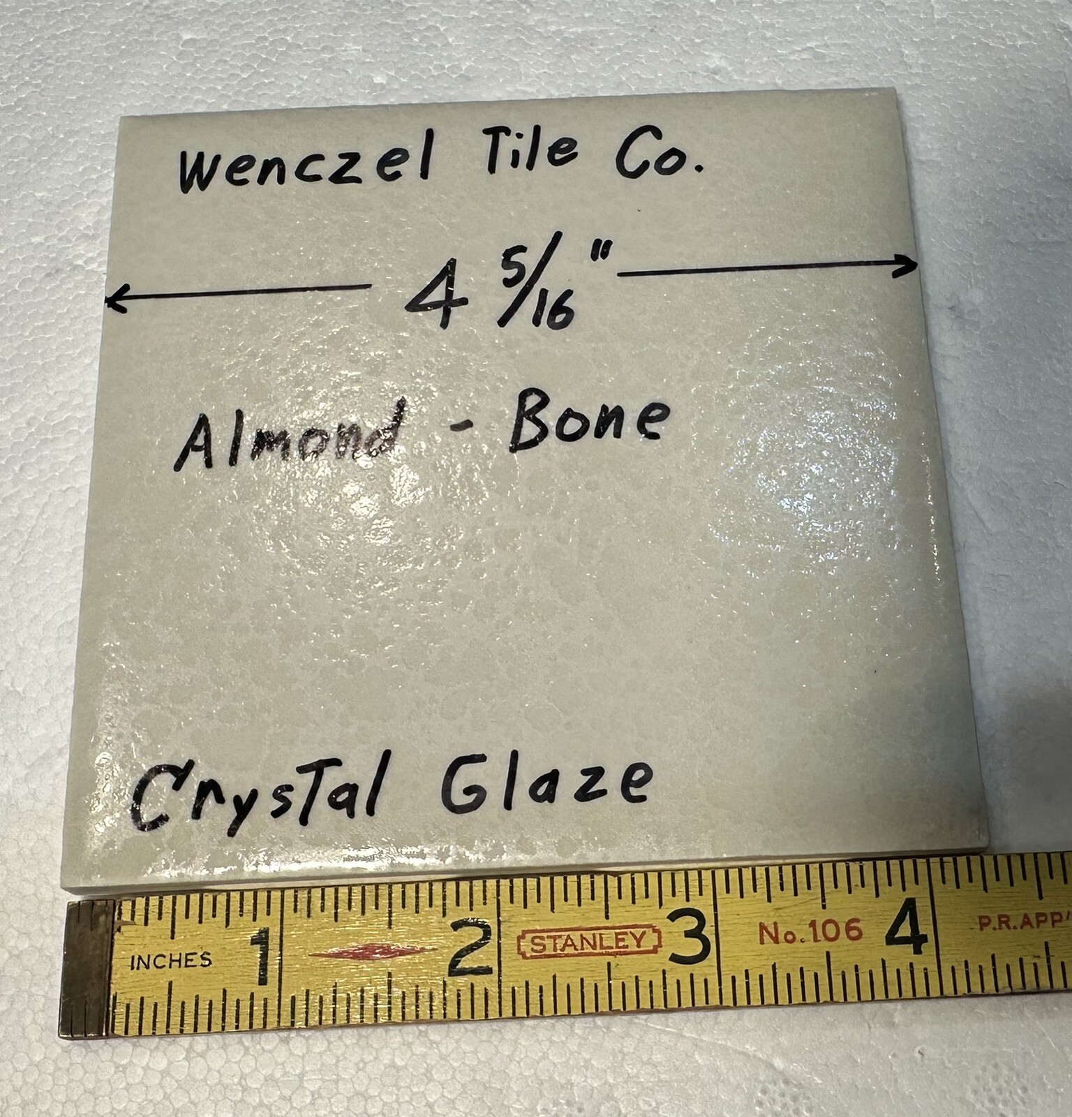 1 pc. *Almond – Bone* Crystal Glaze; Ceramic Tile by Wenczel Co. 4-5/16″ NOS