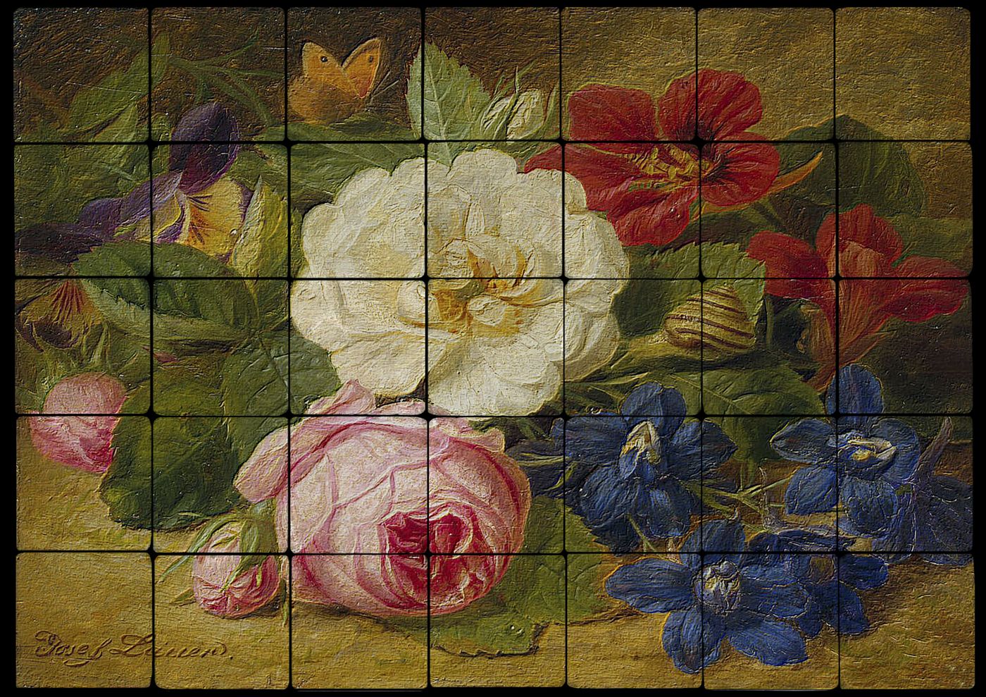 28×20 Flowers Kitchen Backsplash Mural Tumbled Marble Tiles Josef Lauer