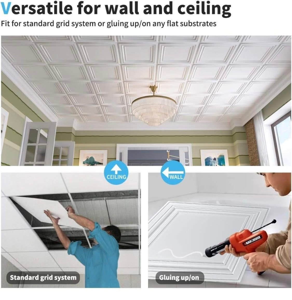 PVC Ceiling Tiles, 2’x2′ Plastic Sheet in White 12-Pack Glue Down
