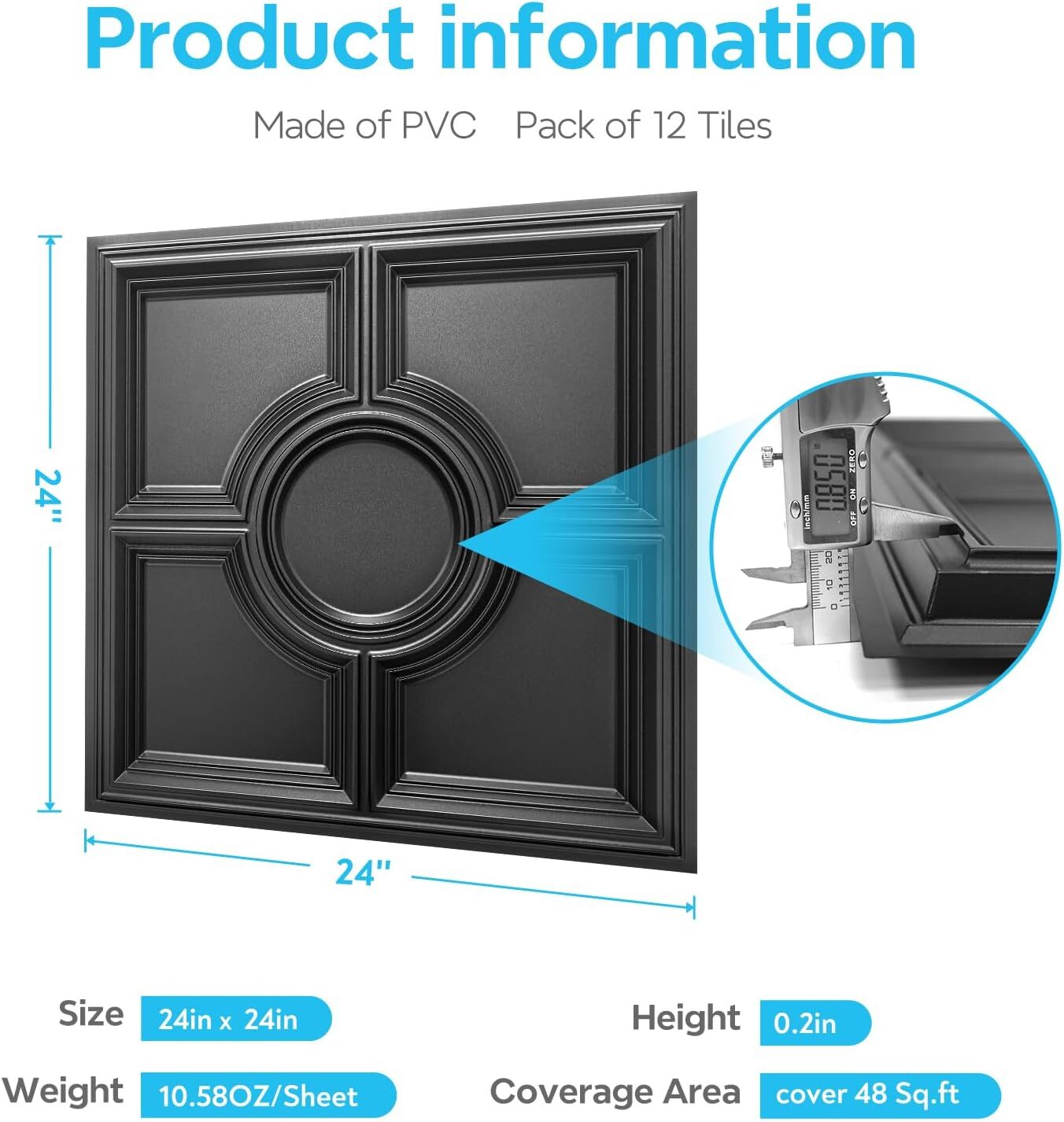 Black PVC Ceiling Tiles 2x2Ft Waterproof 12 Pack 48 SqFt Glue Up or Drop In