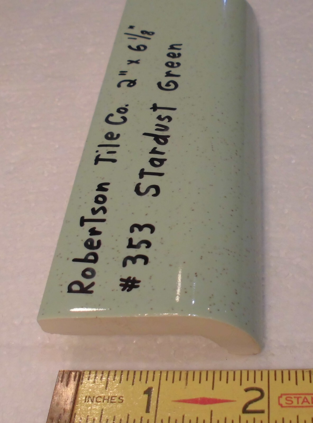 1 pc. Stardust Green: Ceramic Tile; 2″ X 6-1/8″ Radius Bullnose by Robertson Co.