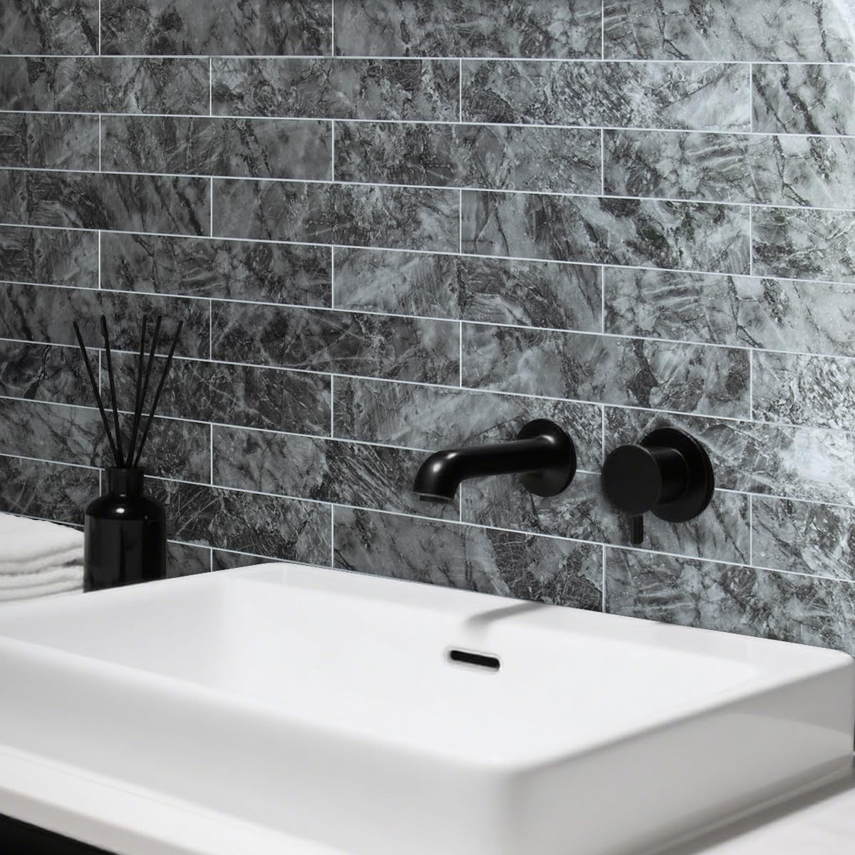40-Piece Polished Dark Grey Marble Peel and Stick Backsplash Wall Tiles, 3″ x…