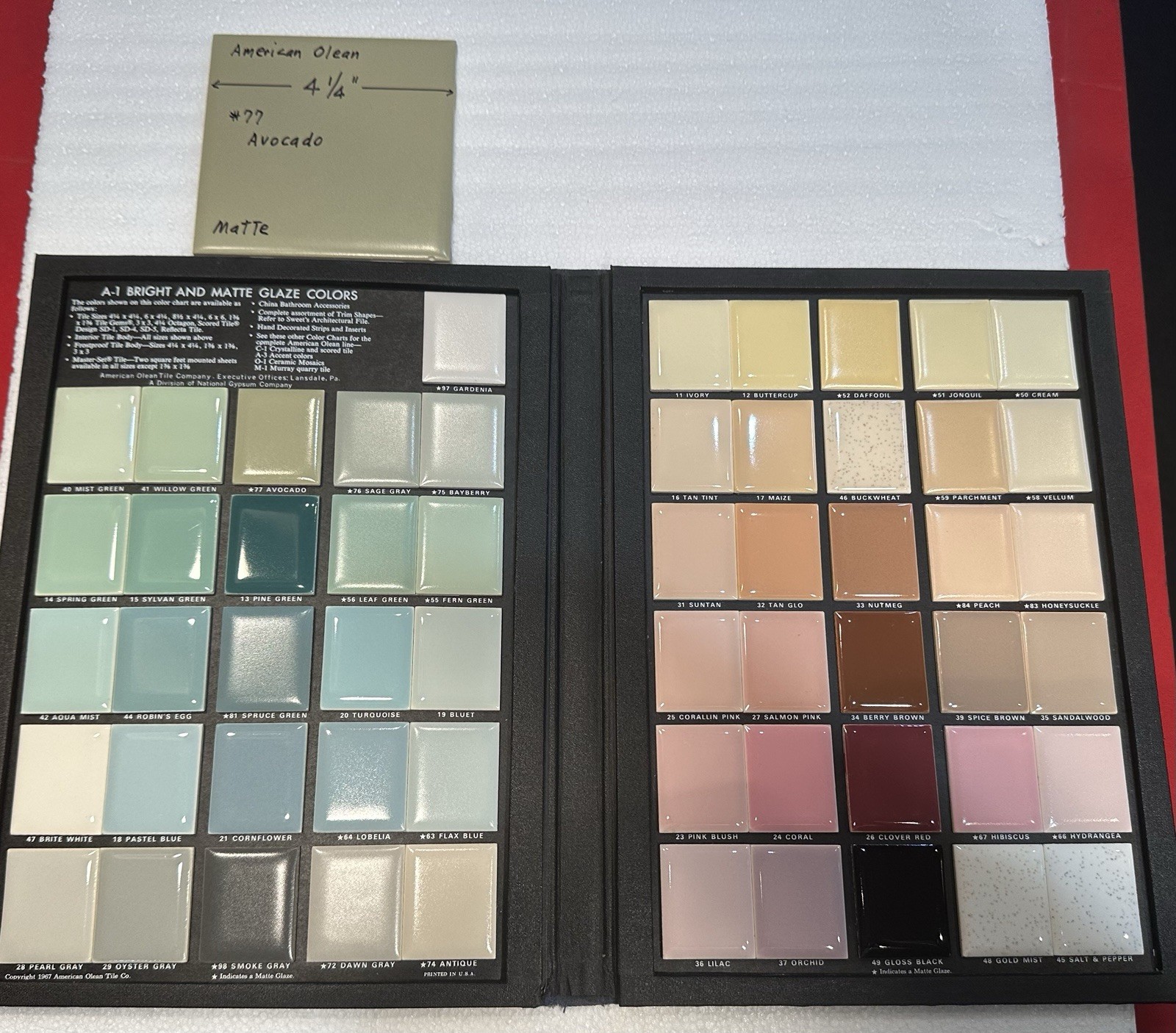 1 pc. Avocado Green: 4-1/4″ Matte Ceramic Tile #77 by American Olean Co. New