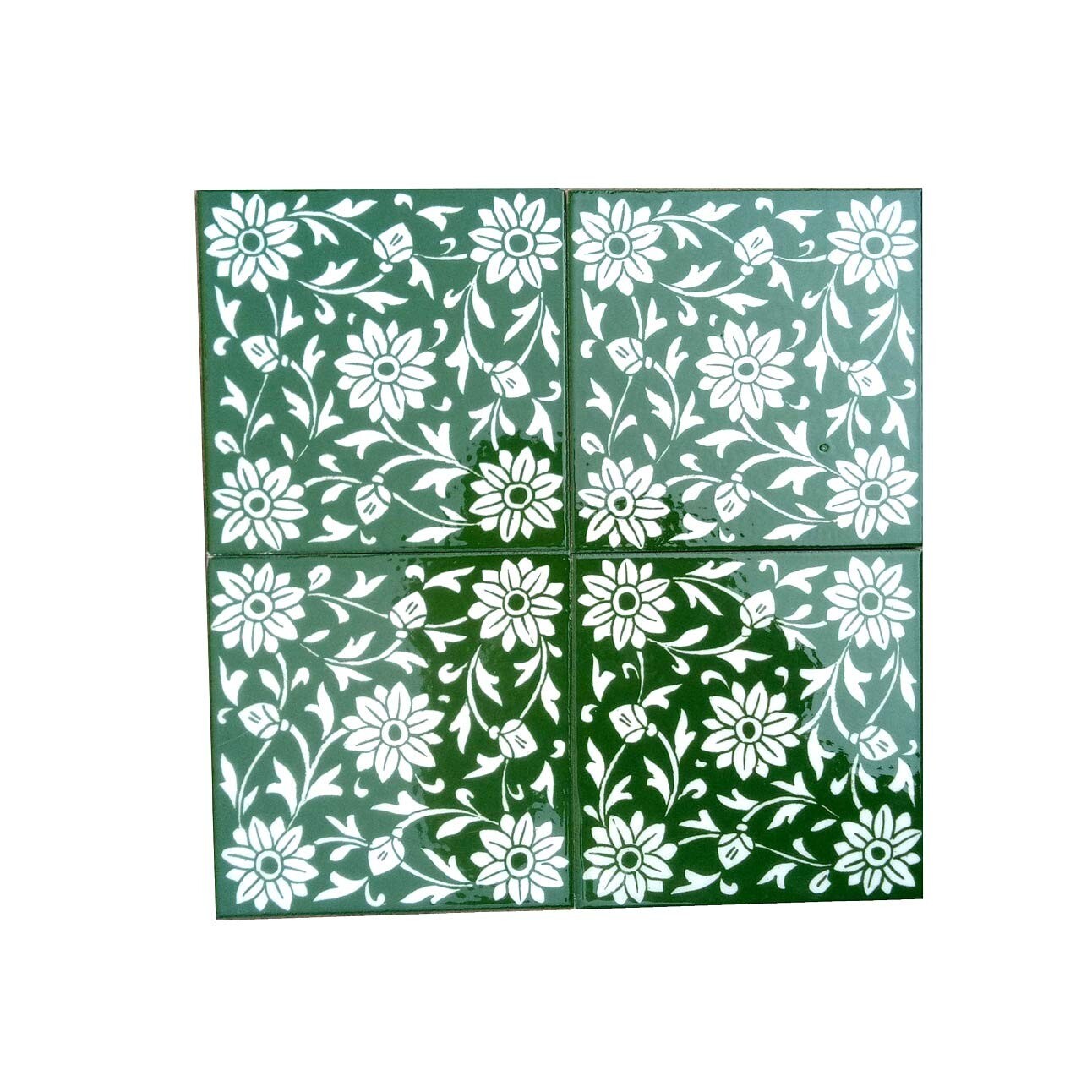 Interior Exterior Flooring Wall Ceramic Tile Green & White 6 x 6 in Set of 4