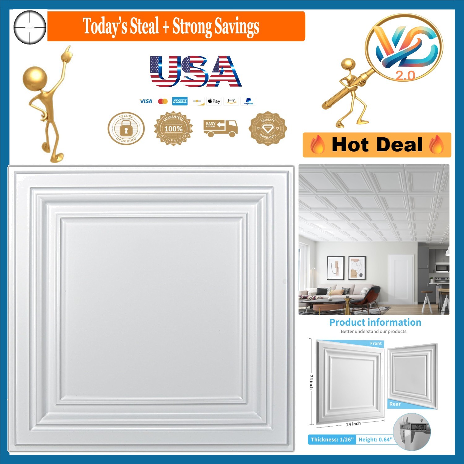 PVC Ceiling Tiles 2×2 White 24-Pack Water Resistant Drop Ceiling Decor