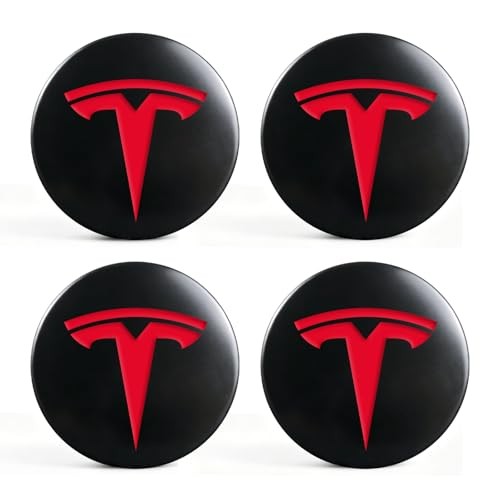 4 PCS Wheel Center Hub Cap Sticker for Model 3 / Model Y, Matt Black & Red