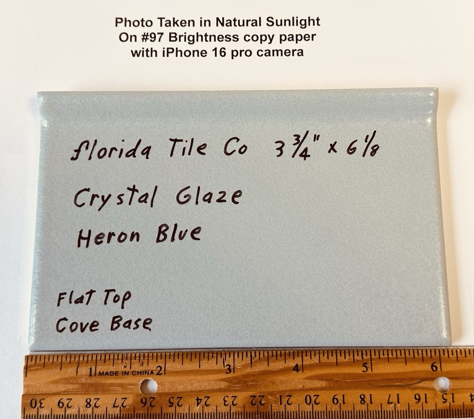 1 pc. Light Blue: 3-3/4″ X 6-1/8″ Ceramic Cove Base Tile, florida Co. Flat Top