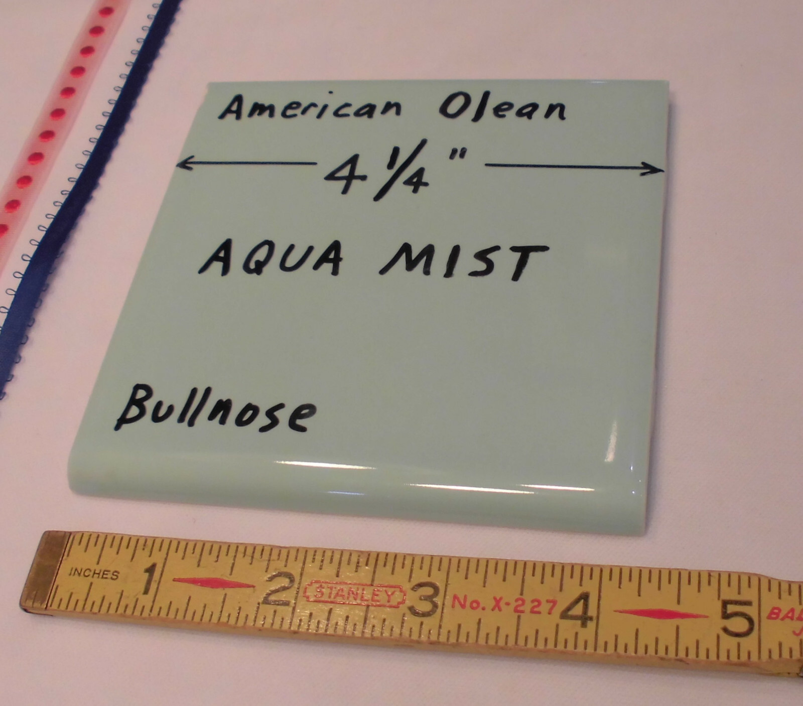 1 pc. *Aqua Mist* Vintage Glossy Ceramic Bullnose Tile 4-1/4” blue-green by A.O.