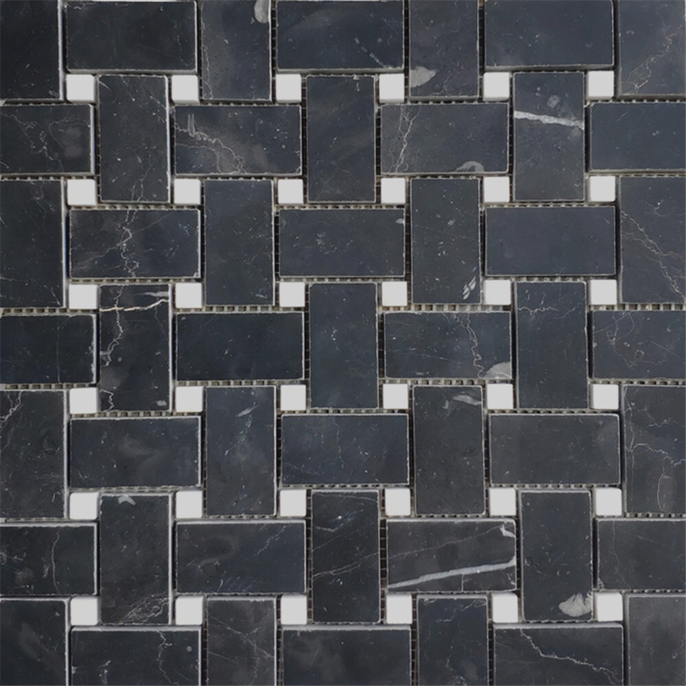 N655XH Basketweave Nero Marquina Black Mosaic Tile w/ White Marble Dots Honed